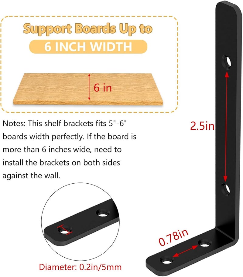 LSK 6PCS L Bracket, 5"×2"(125×50mm) Shelf Support Corner Bracket for Wooden Board, Max Load : 42lb, Black - Image 4